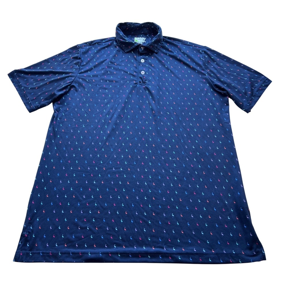 TailorByrd Mens XL Navy Blue Flamingo Print Performance Golf Polo Shirt Stretch